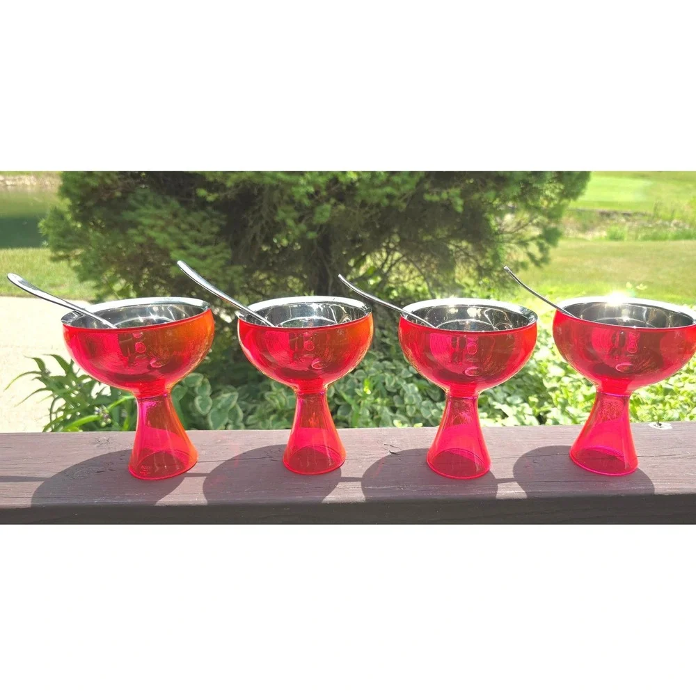 Alessi Big Love‎ Ice Cream Bowls & Heart Spoons Fuchsia Pink Set of 4